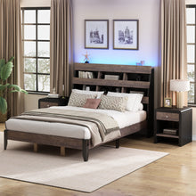 Load image into Gallery viewer, Mid Century Modern Style Queen Bed Frame with Bookshelf and LED Lights and USB Port, Walnut and Black
