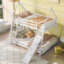 Load image into Gallery viewer, Twin over Queen House Bunk Bed with Climbing Nets and Climbing Ramp, White
