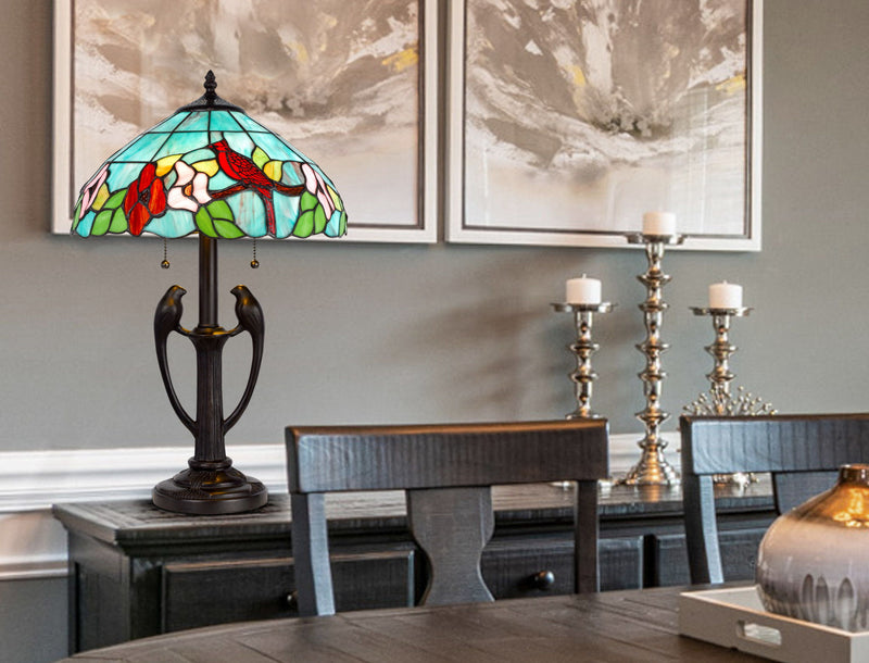 Two Light Tiffany Table Lamp With Aqua And Red Floral Shade - Bronze