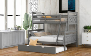 Twin over Full Bunk Bed with Ladder, Twin Size Trundle, Safety Guardrail, Gray(Old SKU:SM000208AAE-1)