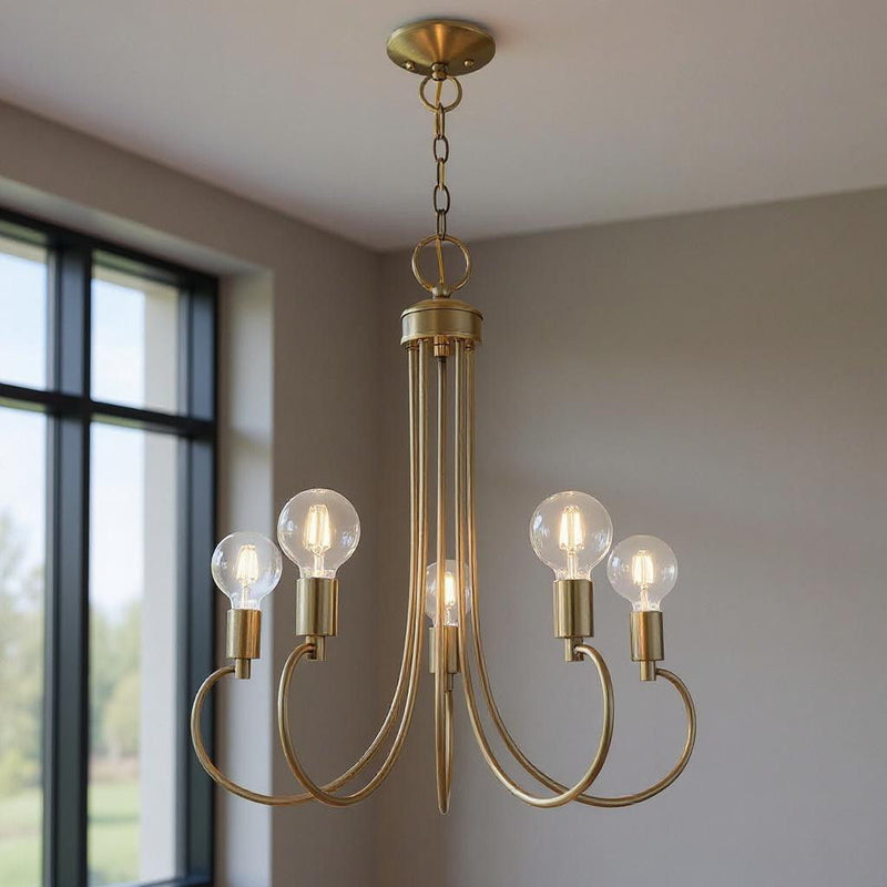 26" Five Light Dimmable Chandelier With Shades - Antiqued Brass
