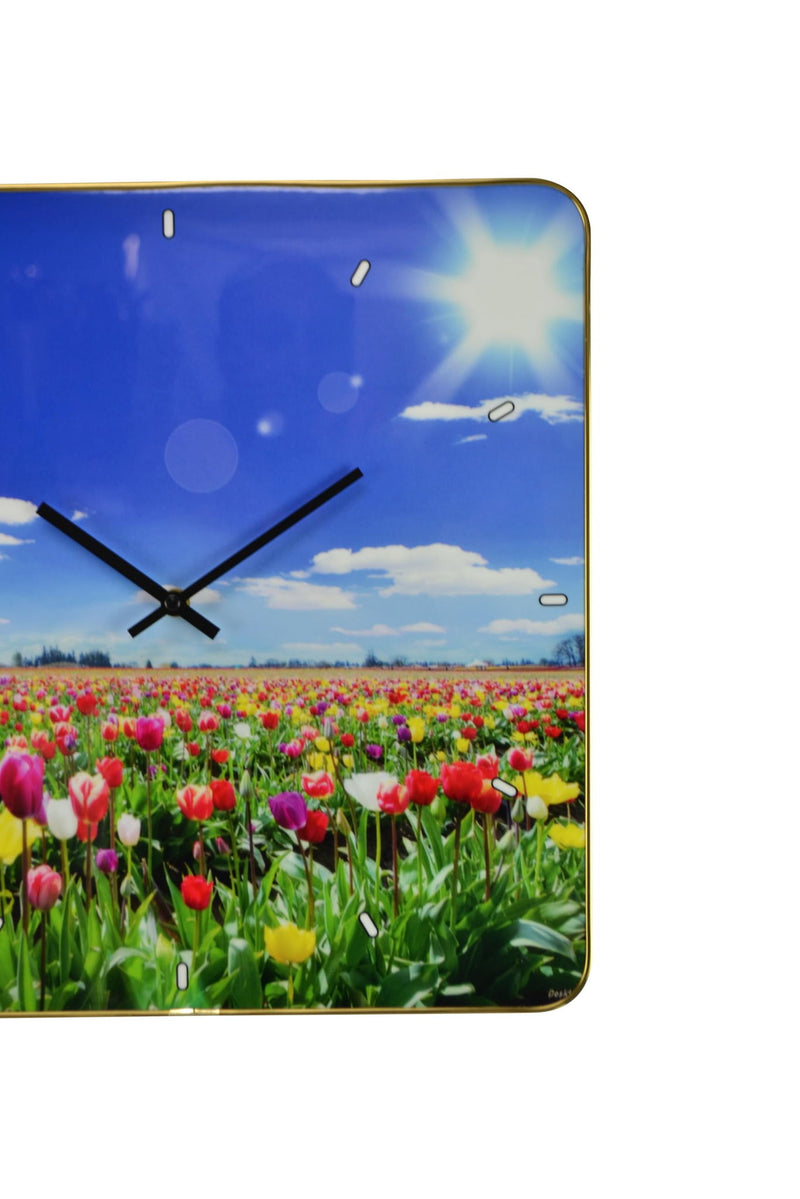 Silent Tulips Floral Wall Clock - Blue / Gold / Red