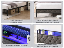 Load image into Gallery viewer, King Bed Frame with Storage Headboard, Charging Station and LED Lights, Upholstered Platform Bed with Heavy Metal Slats, No Box Spring Needed, Noise Free, Easy Assembly, Dark Gray
