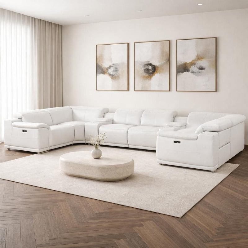 Leather Modular U Shaped Eight Piece Corner Sectional With Console - White