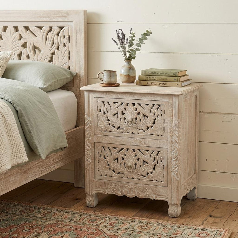 Solid Wood Square Distressed Carved Floral Two Drawer Nightstand - White