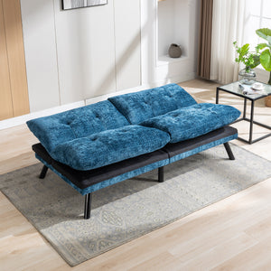 Convertible Sofa Bed  Loveseat Futon Bed Breathable Adjustable Lounge Couch with Metal Legs,Futon Sets for Compact Living Space  Chenille-Blue