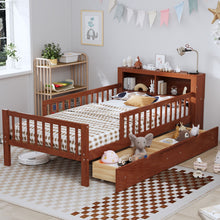 Load image into Gallery viewer, Bed With Headboard Storage Rack, 2 Under Bed Drawers, 3 Side Guardrails For Safety
