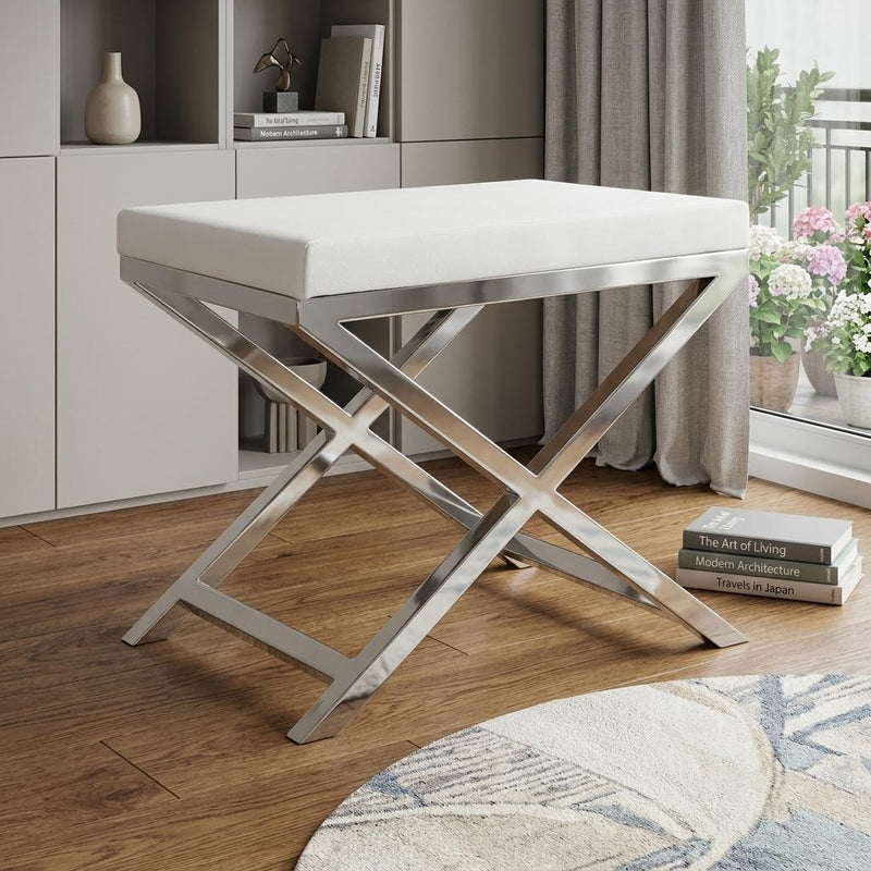 And Silver Faux Leather And Metal Vanity Chair - White