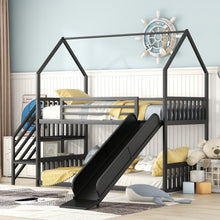 Load image into Gallery viewer, Twin Size Metal Bunk Bed House Bed with Slide and Staircase, Black
