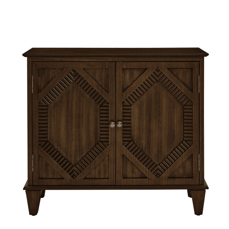 Wood Carved Geometric Accent Cabinet With Two Doors - Brown