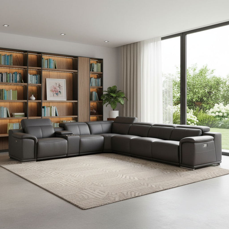 Italian Leather Power Reclining U Shaped Seven Piece Corner Sectional With Console - Gray