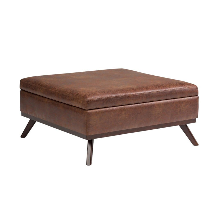 36" Mid-Century Leather Cocktail Ottoman With Storage - Brown