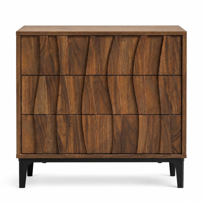 Wood Ribbed Texture Three Drawer Nightstand - Walnut