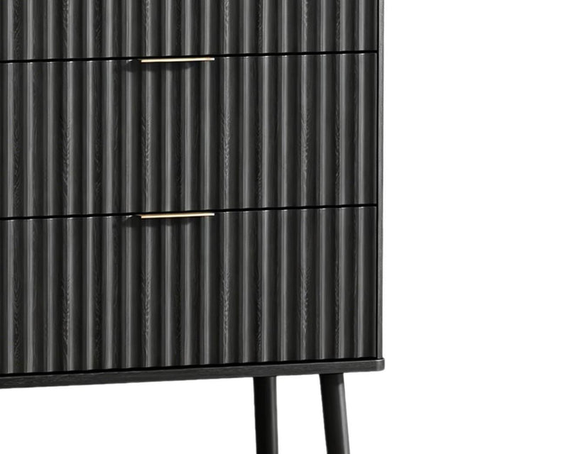 Wood Ribbed Texture Three Drawer Nightstand With USB Port - Black