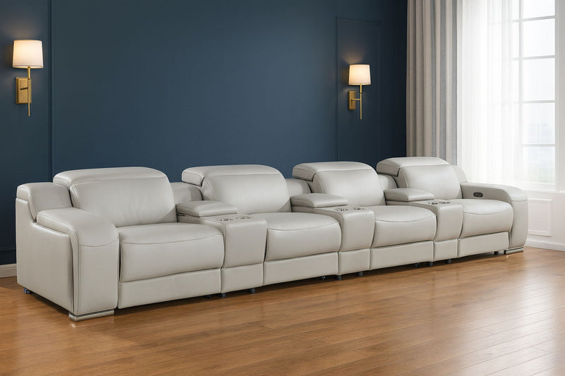 169" Italian Leather Reclining USB Sofa - Light Gray