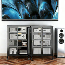 Load image into Gallery viewer, Media Storage Cabinet With Wheels, 4 Adjustable Glass Shelves &amp; Door, Heavy-Duty - Black

