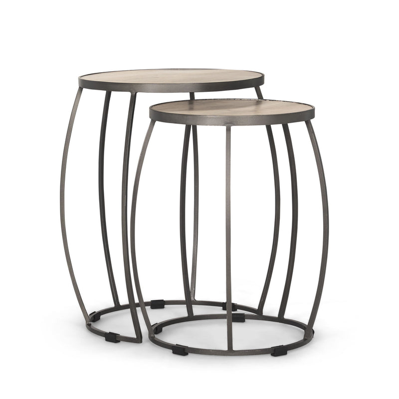 Solid Wood Iron Round Frame Nested Tables (Set of 2) - Natural / Silver