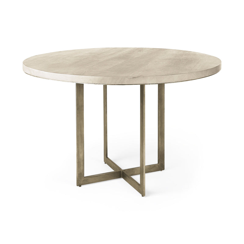 Solid Wood Iron Trestle Base Round Top Dining Table - Beige / Gold