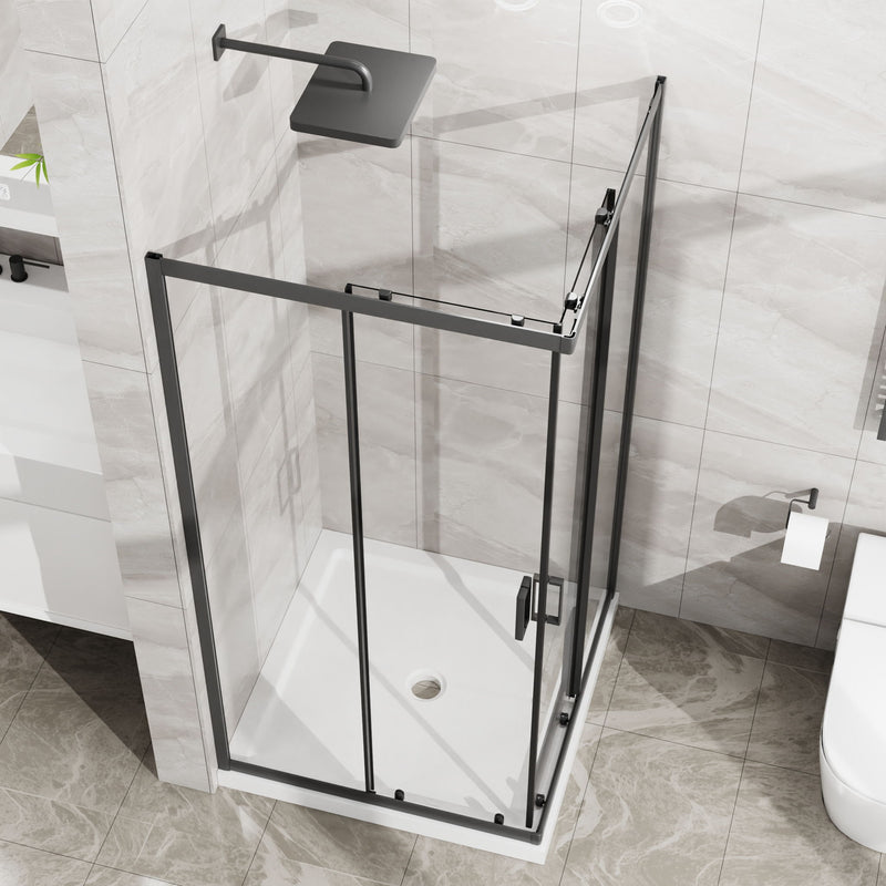 Corner Shower Enclosure, Double Sliding Door & Shower Base - Matte Black