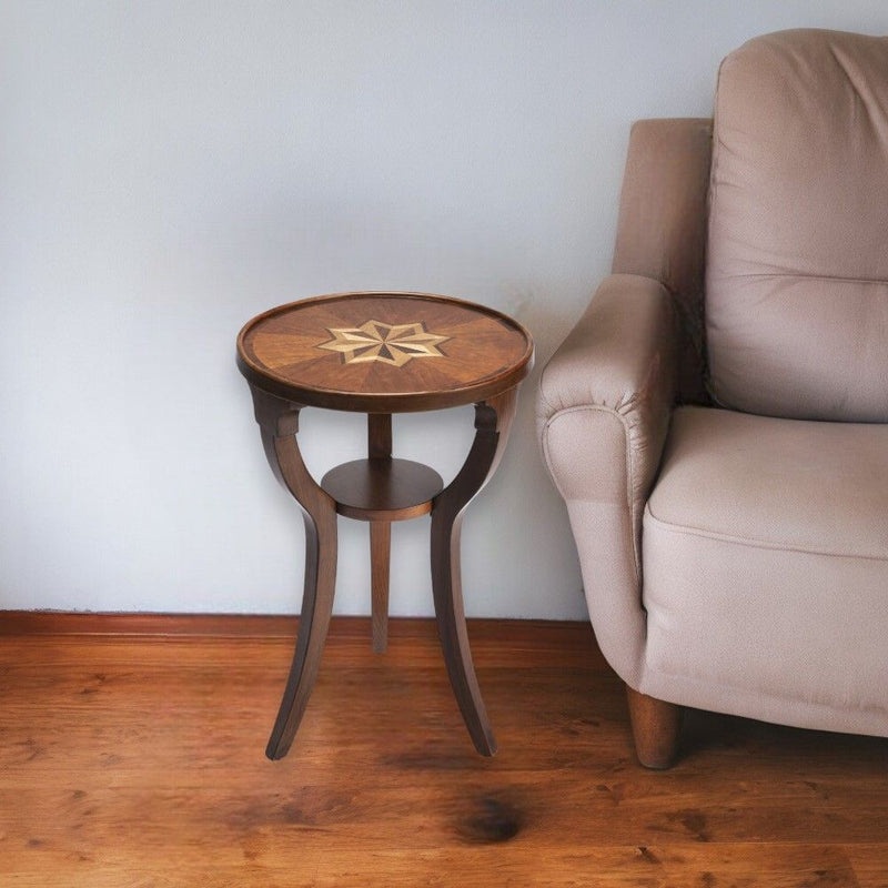 Ash Manufactured Wood Round End Table With Shelf - Brown And Olive