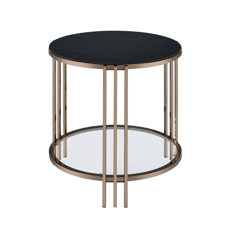 Stone And Metal Round End Table With Shelf - Black / Champagne