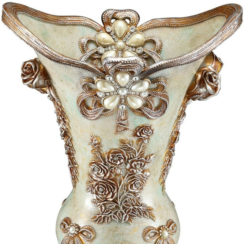 Floral Trumpet Poly Table Vase With Stones - Green / Bronze / Silver