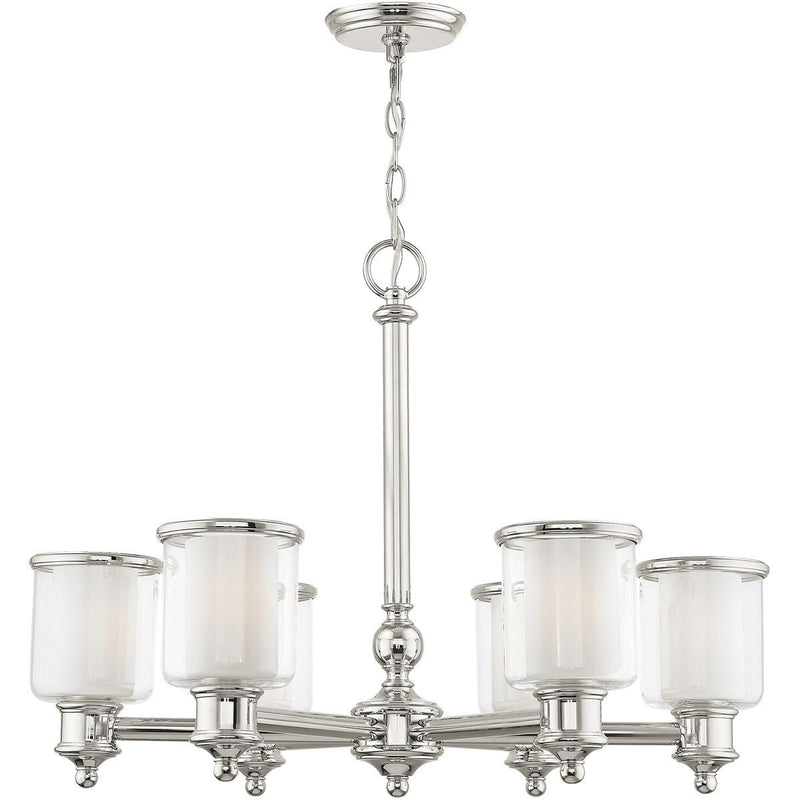 Six Light Metal Dimmable Chandelier With Shades - Nickel / Clear / Opal