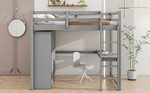 Wood Full Size Loft Bed with Built-in Wardrobe, Desk, Storage Shelves and Drawers, Gray