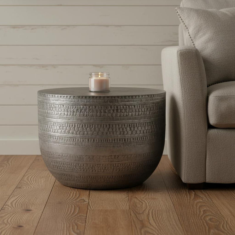 Metal Round Drum End Table - Silver