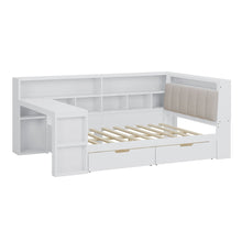 Load image into Gallery viewer, L Shaped Daybed With Desk, Bookcase, Upholstered Headboard, Drawers, And LED Light
