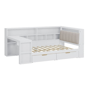 L Shaped Daybed With Desk, Bookcase, Upholstered Headboard, Drawers, And LED Light