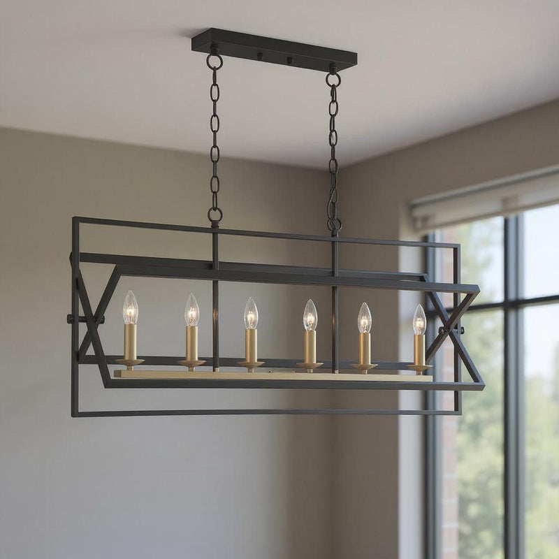 Kitchen Island Six Light Metal Dimmable Chandelier - Black / Gold
