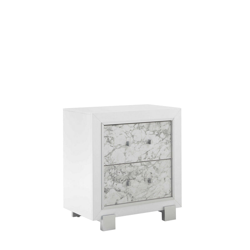 Modern Nightstand With 2 Faux Marble Detailed Front Drawer. - White