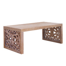Load image into Gallery viewer, Rustic Carved Wood Coffee Table, Handcrafted Look With Ornate Side Panels
