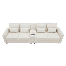 Load image into Gallery viewer, [VIDEO provided] [New] 114.2&quot; Upholstered Sofa with Console, 2 Cupholders and 2 USB Ports Wired or Wirelessly Charged, Modern Linen Fabric Couches with 4 Pillows for Living Room, Apartment (4-Seat)
