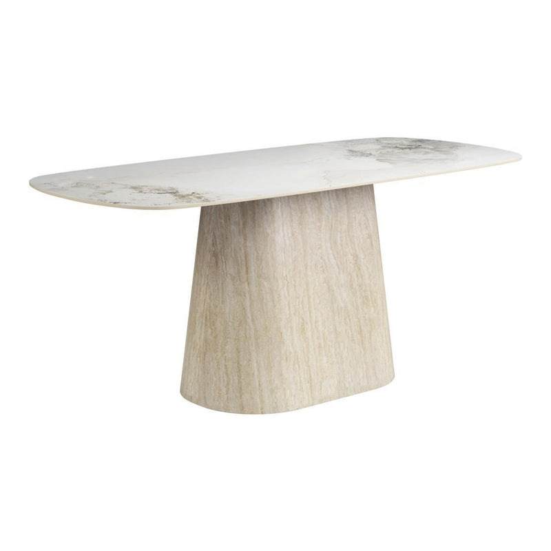 Sintered Stone And Wood Pedestal Base Dining Table - White And Natural