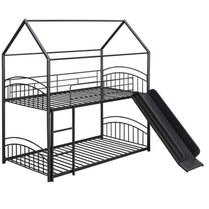 Twin Over Twin Metal Bunk Bed With Slide,Kids House Bed Black