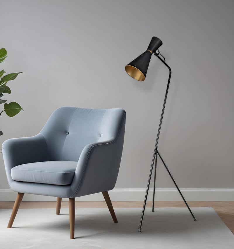 Metal Tripod Floor Lamp With Black And Gold Metal Cone Shade - Black