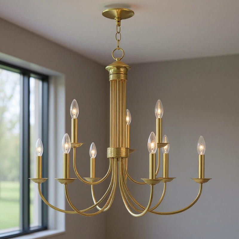 Nine Light Dimmable Chandelier With Shades - Brass