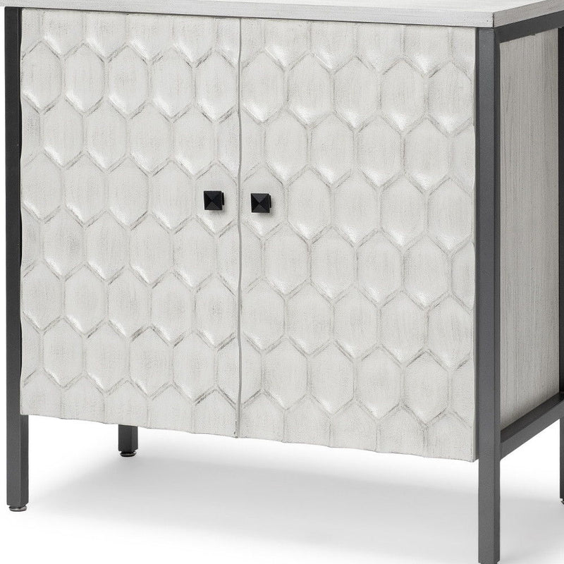 32" Wood And Metal Carved Geometric Accent Cabinet With Two Doors - Gray / White