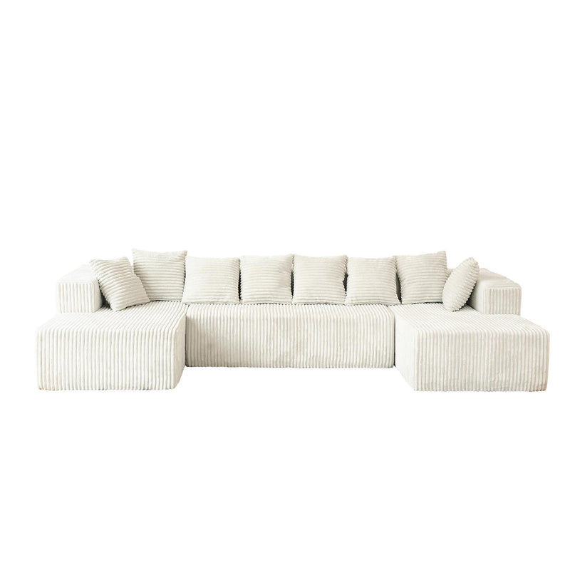 Corduroy Modular U Shaped Three Piece Sofa And Chaise Sectional With Console And Toss Pillows - Beige
