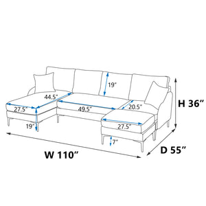 110'' Wide Reversible Left or Right Chaise of Sectional Sofa U-Shape Convertible Sofa Couch 4-Seat Couch with Chaise Lounge Upholstered for Living Room, Apartment, Office, Blue Polyester Blend