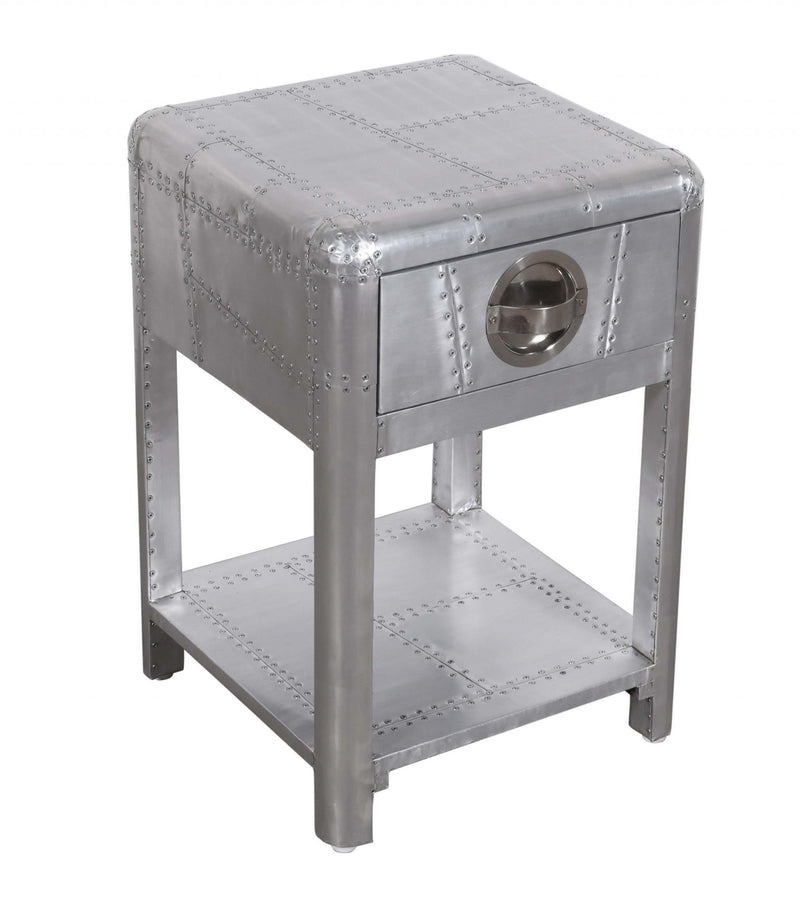 Aluminum Square End Table With Drawer And Shelf - Silver