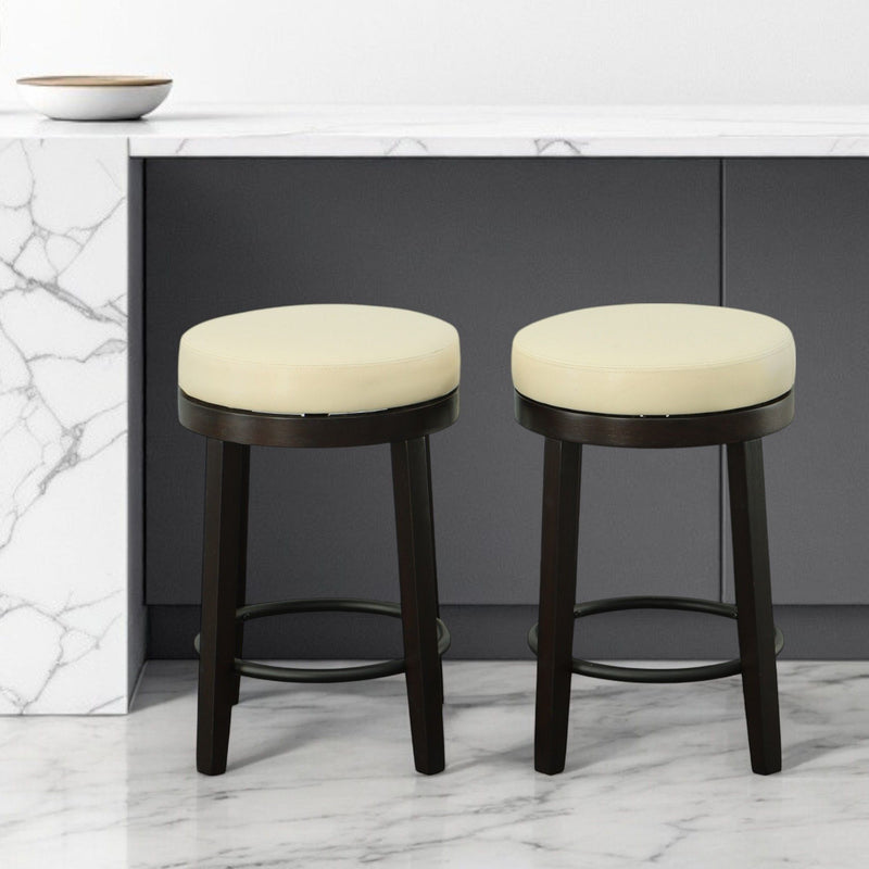 Faux Leather And Solid Wood Swivel Backless Counter Height Bar Chairs (Set of 2) - Cream And Espresso