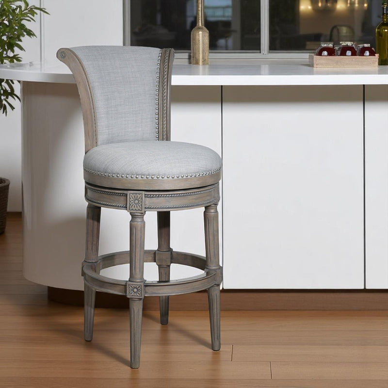 30" Solid Wood And Linen Bar Height Swivel Bar Chair - Champagne / Gray