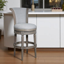 Load image into Gallery viewer, 30" Solid Wood And Linen Bar Height Swivel Bar Chair - Champagne / Gray
