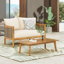 Load image into Gallery viewer, 2 - Person Outdoor Seating Group with Cushions and Coffee Table, Teak + Mixed Brown + Beige
