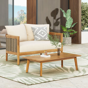 2 - Person Outdoor Seating Group with Cushions and Coffee Table, Teak + Mixed Brown + Beige