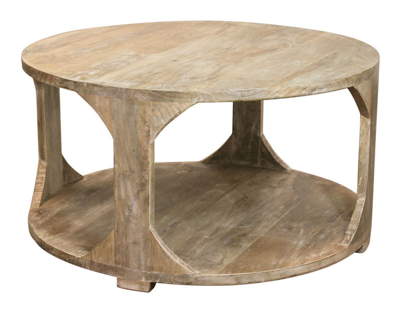 34" Solid Wood Round Distressed Floor Shelf Coffee Table With Shelf - Natural