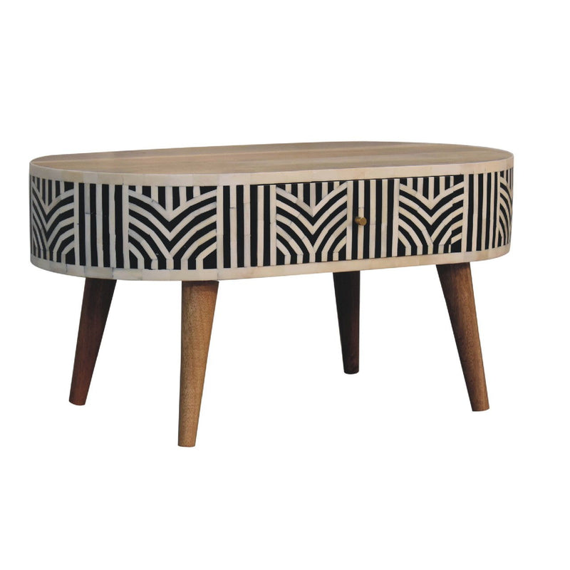 Solid Wood Oval Coffee Table With Two Drawers - Black Bone / Oak